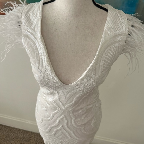 Fashion Nova NWT The Most Elegant Sequin Stretch Feather Sleeveless Maxi Dress S - Picture 9 of 15